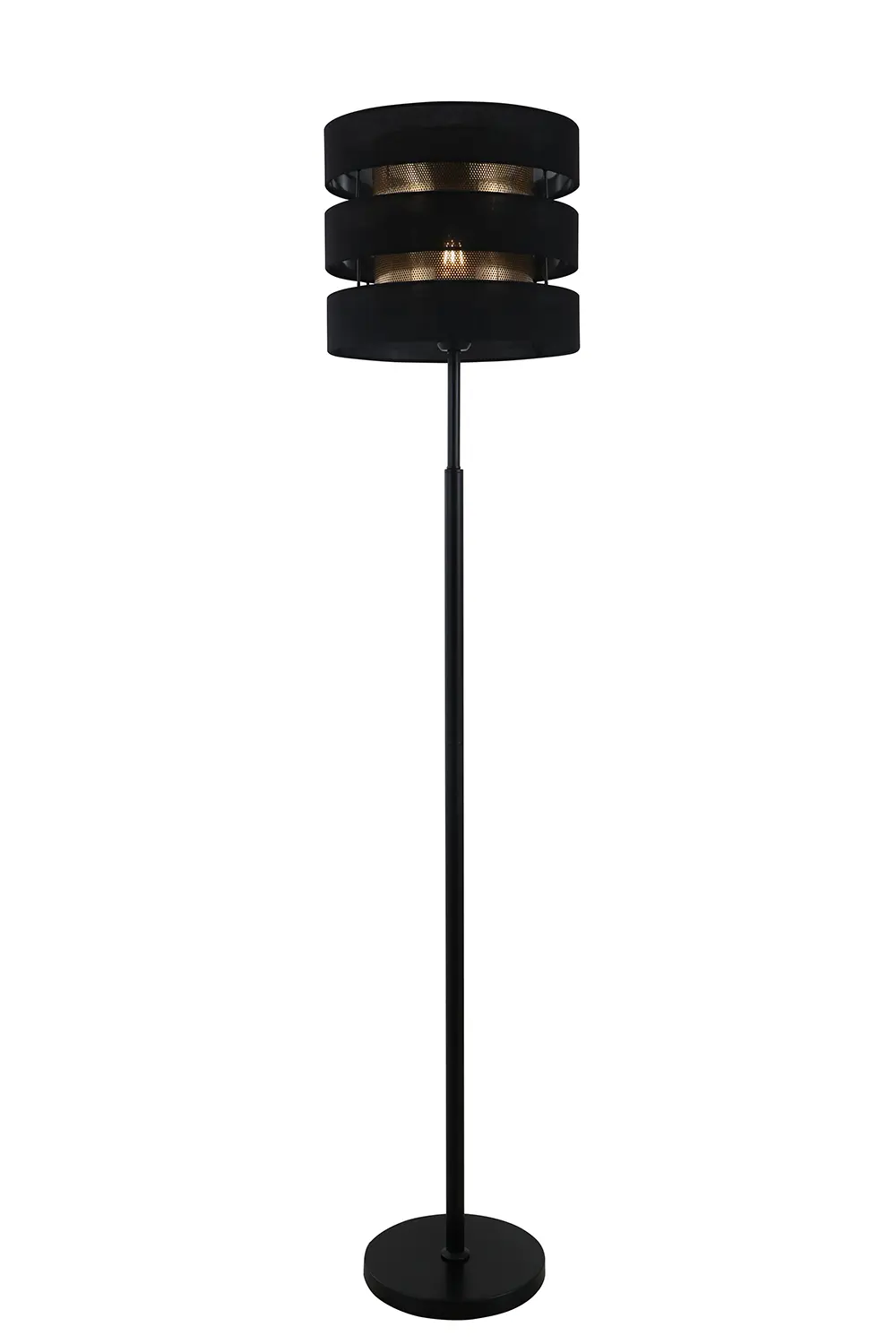 Hvordan påvirker den geometriske utformingen av dobbel skygge svart gulvlampe lysfordeling og romlig estetikk?