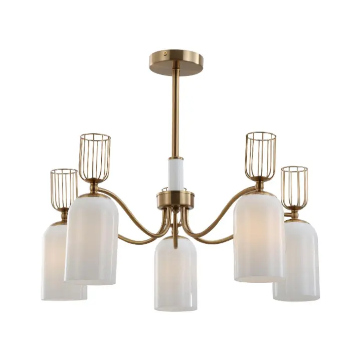 Retro 5-lys melk hvitt glass gull lysekrone